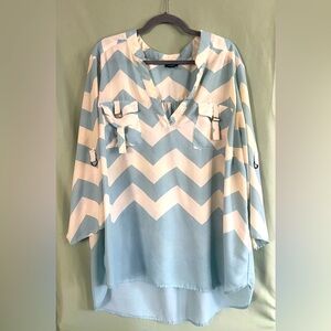 Chevron patterned, blue and off white blouse